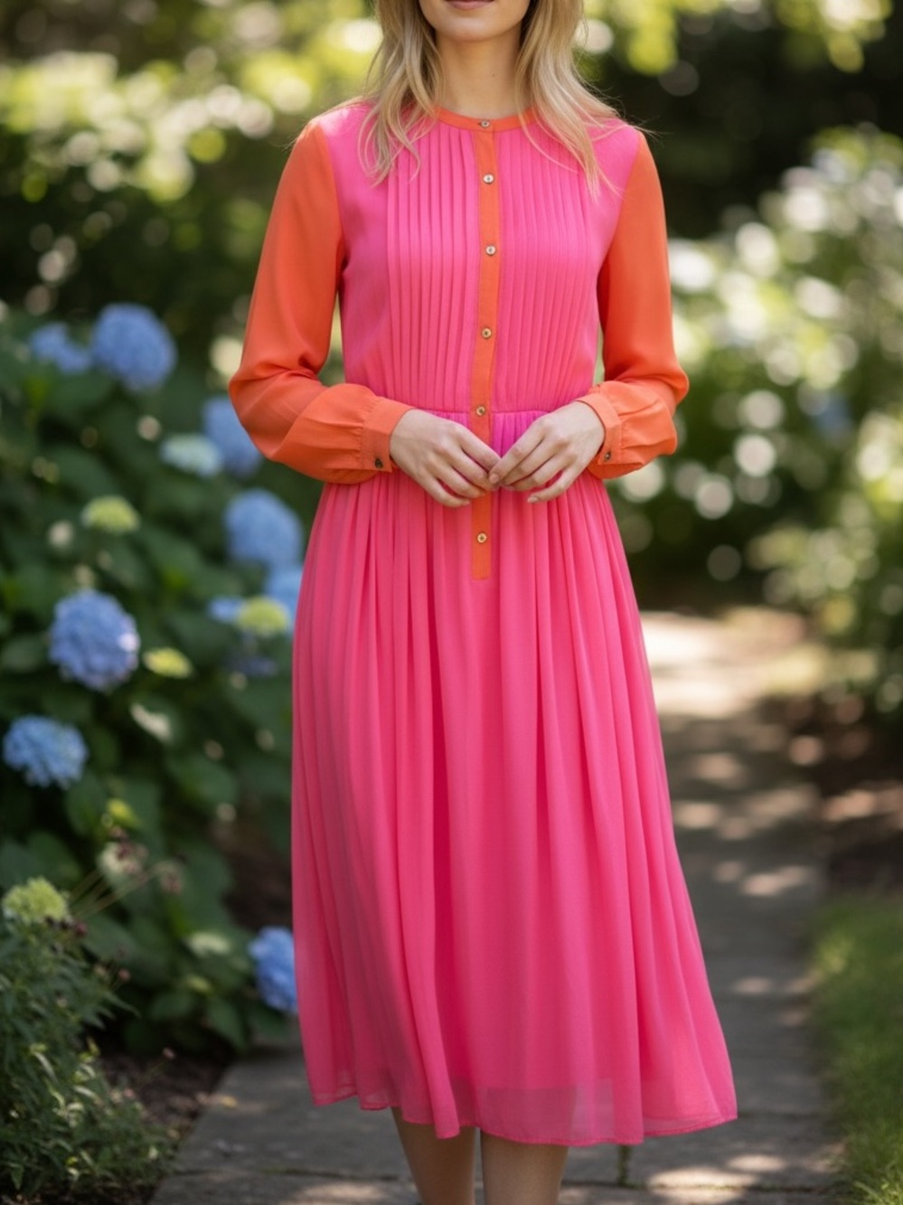 RACHEL ROY Bright Pink Orange Long Sleeve Silk Midi Dress